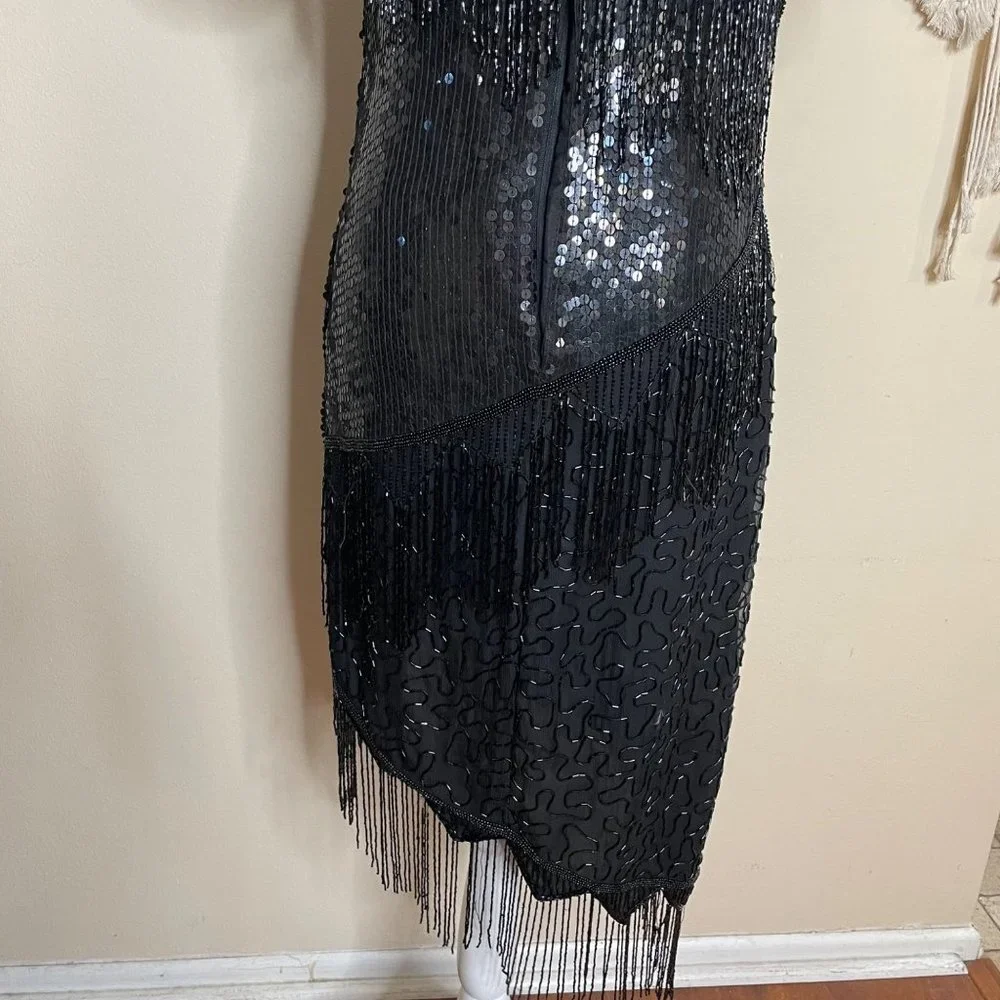 Vintage SCALA 80s Silk Gatsby Cocktail Asymmetric Sequins Beaded Dress Black M - Picture 3 of 12